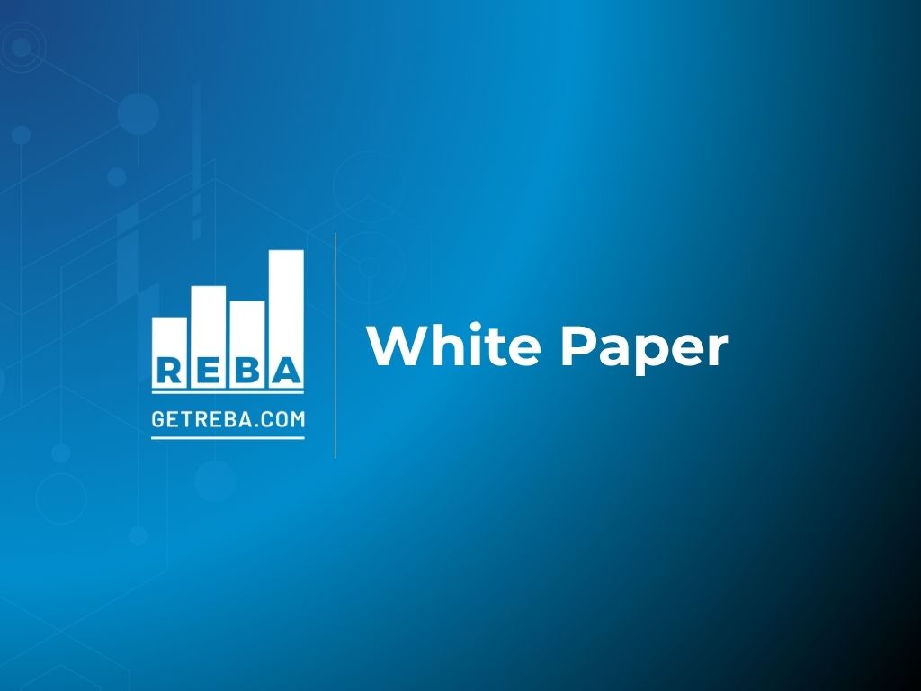 Blue gradient background with a vertical bar chart logo labeled REBA and text GETREBA.COM. Next to it, bold white text reads White Paper. Faint geometric tech patterns appear in the background.