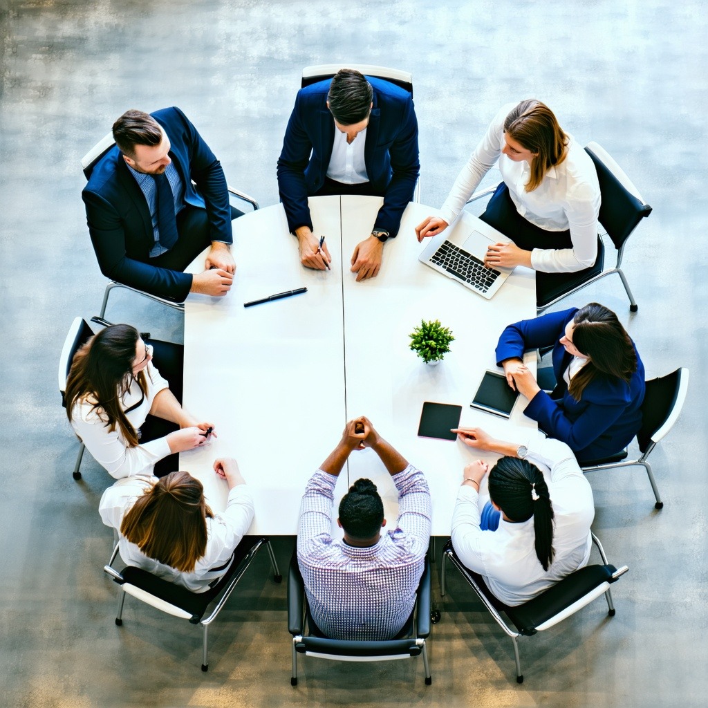 Seven people sit around a rectangular table in a meeting, viewed from above. Some have laptops or notepads, and theres a small plant in the center of the table. They appear to be having a discussion.