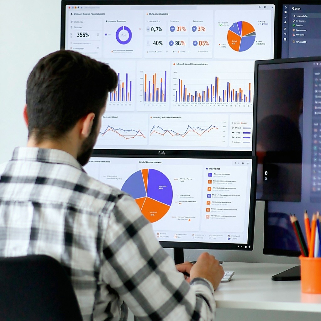 A person in a plaid shirt sits at a desk, analyzing charts and graphs displayed on dual computer monitors. The screens show bar graphs, pie charts, and line graphs with statistical data.