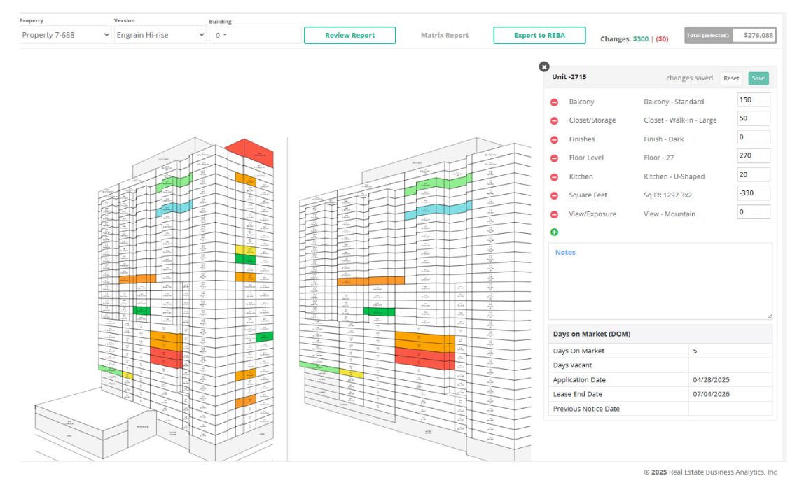 Revenue management dashboard displaying a building stack plan, unit pricing adjustments, lease details, and market rent recommendations.