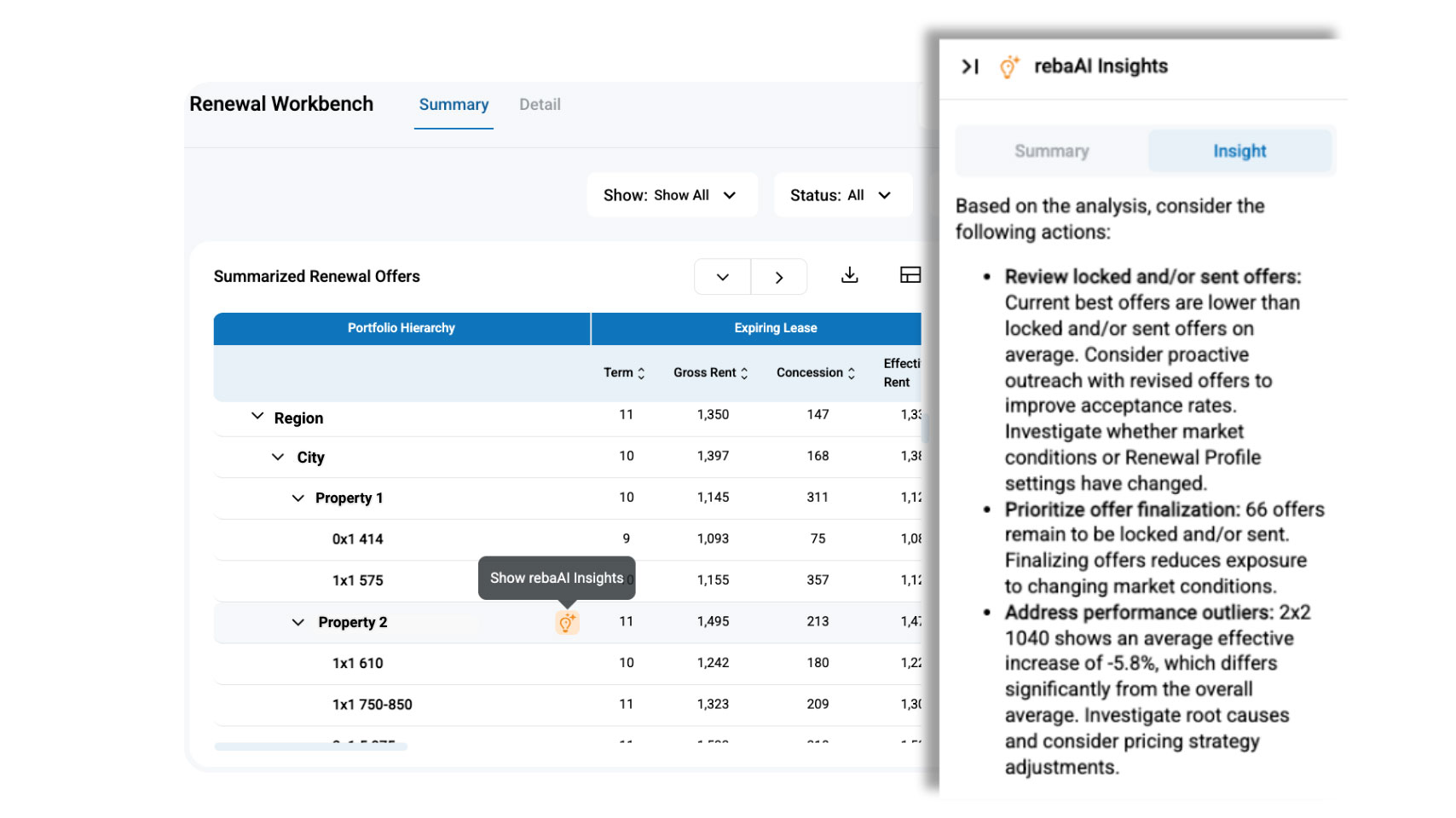 enewal workbench dashboard displaying AI-generated renewal insights, lease offer summaries, concession analysis, and pricing recommendations.