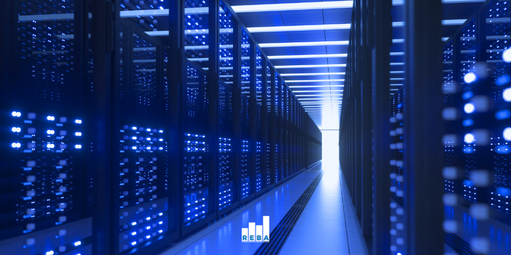 Modern data center with rows of illuminated server racks