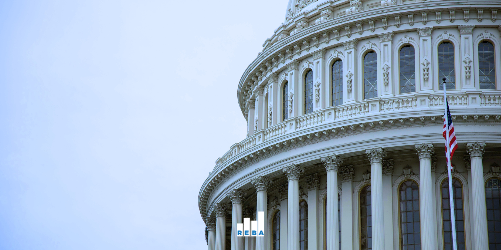 The image shows a close-up of the U.S. Capitol building’s dome and columns with an American flag on the right side. The sky is overcast, and “REBA” is visible at the bottom center.