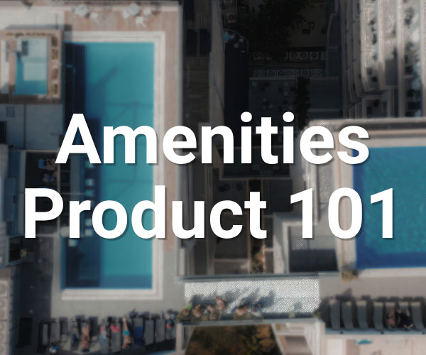 Aerial view of a modern rooftop with swimming pools and lounge areas, overlaid with the text Amenities Product 101 in large white letters.