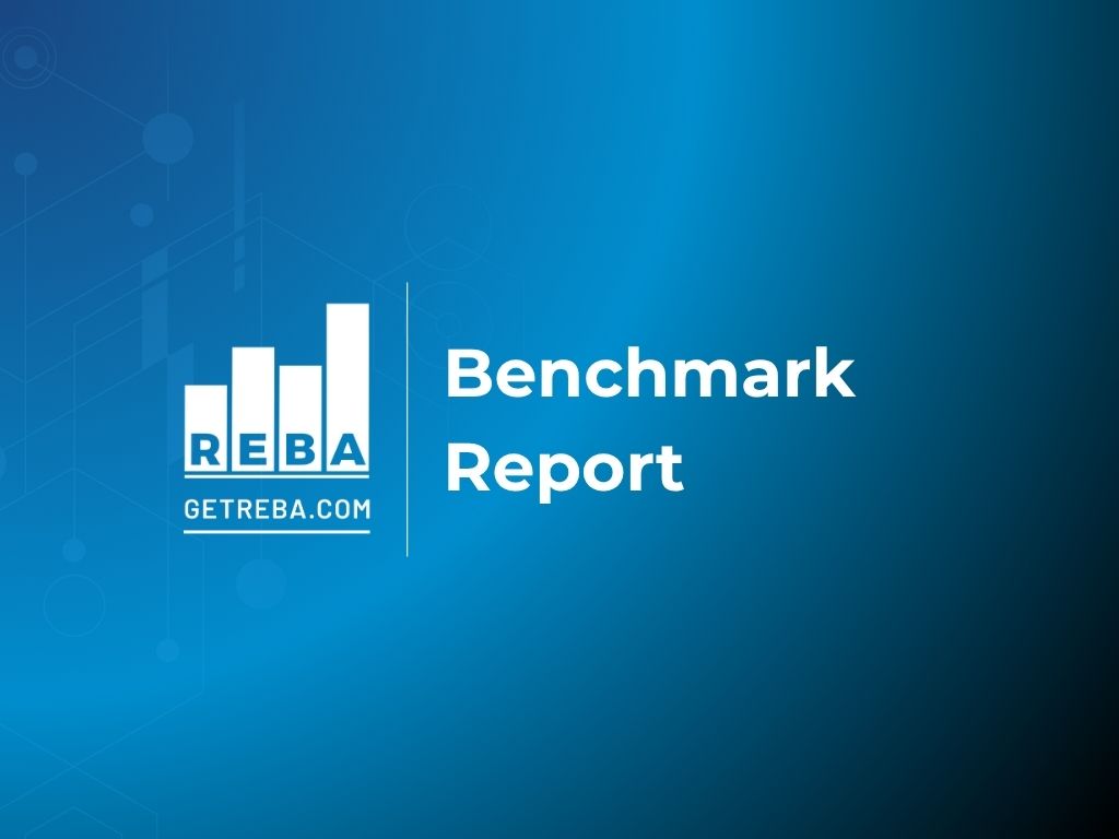 Blue background with the REBA logo featuring a bar graph and the text GETREBA.COM. Next to the logo, the words Benchmark Report are displayed in white.