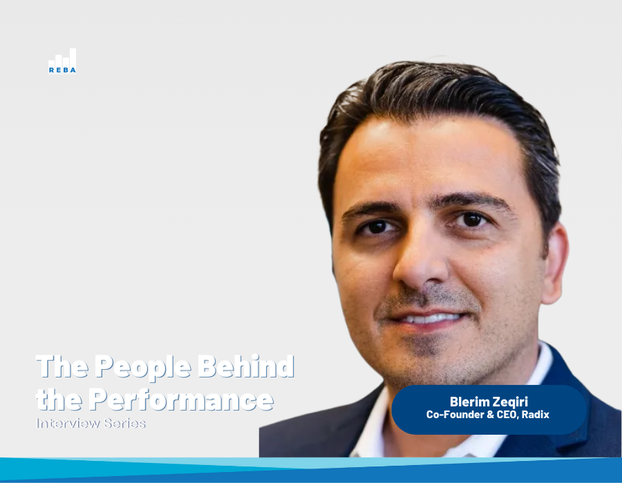 A man in a suit jacket smiles at the camera with text overlay reading The People Behind the Performance and Blerim Zegiri, Co-Founder & CEO, Radix.