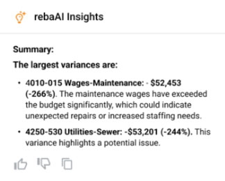 AI-generated maintenance and utilities variance summary highlighting budget overruns and operational insights for property managers.