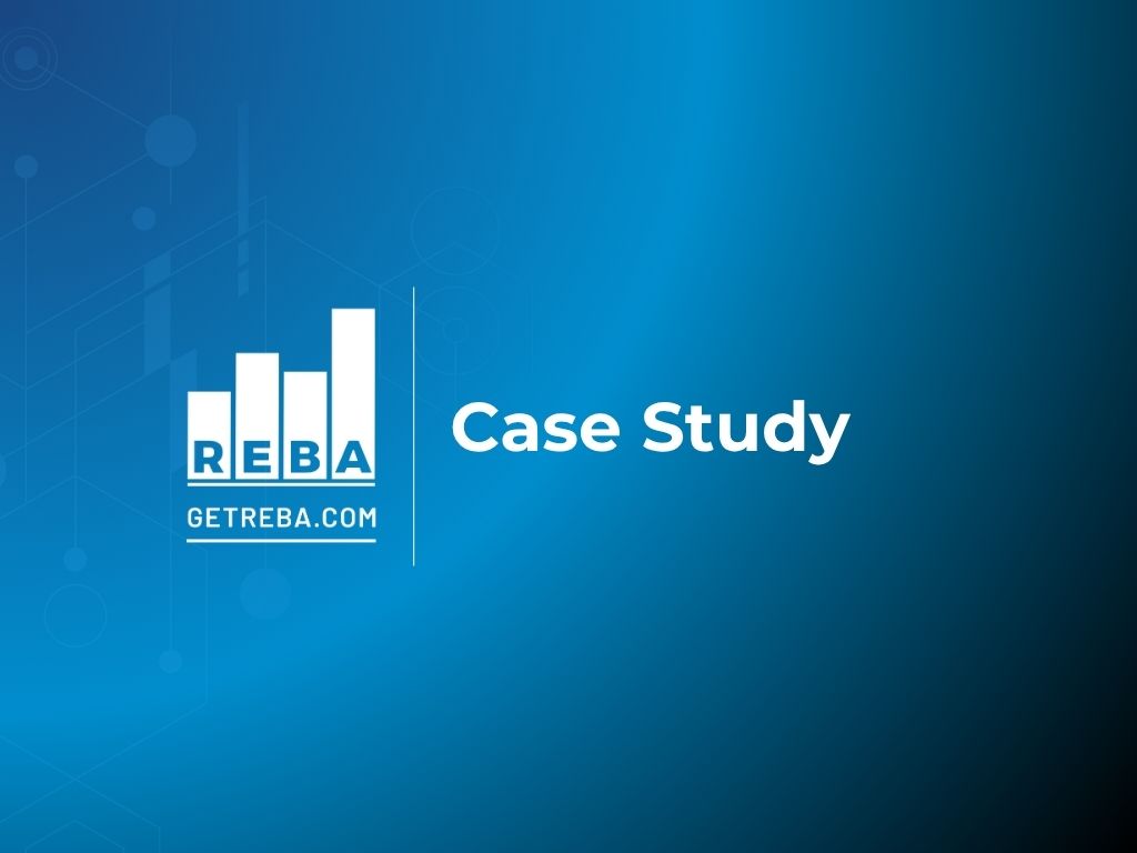 Blue gradient background with the REBA logo, stylized as bar graphs, the text GETREBA.COM beneath it, and Case Study written in large white letters to the right of the logo.