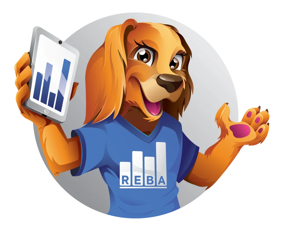 A cartoon dog wearing a blue shirt with a bar chart and REBA on it is smiling with a paw raised, as if ready to tell you all about data. The cheerful pup holds a tablet displaying a bar graph, making learning about REBA both fun and engaging.
