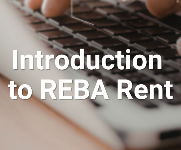 Close-up of hands typing on a keyboard with the text Introduction to REBA Rent in bold white letters over the image.