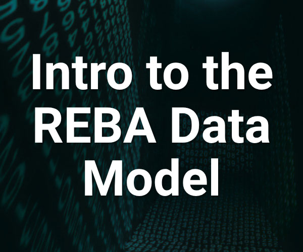 White text reads Intro to the REBA Data Model over a dark background with green, blurred numbers on the walls and floor, resembling a digital or data-themed tunnel.