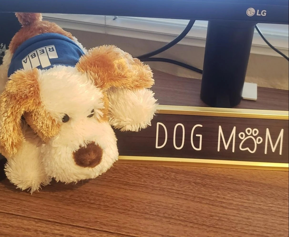 A plush dog toy wearing a blue shirt sits next to a nameplate on a desk that reads DOG MOM, with a paw print in place of the O in MOM—a perfect gift for the pet lover who prefers their data organized and their desk decor adorable.
