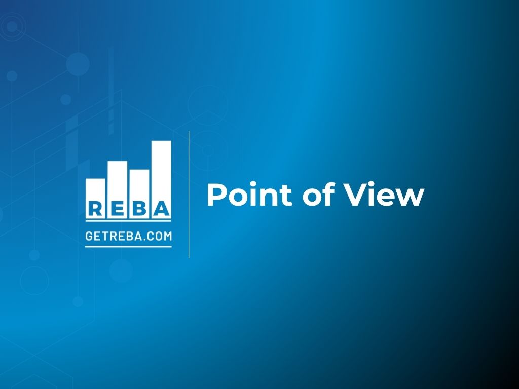 Blue gradient background with a white bar graph logo labeled REBA and GETREBA.COM on the left. To the right, white text reads Point of View. Abstract line designs are in the background.