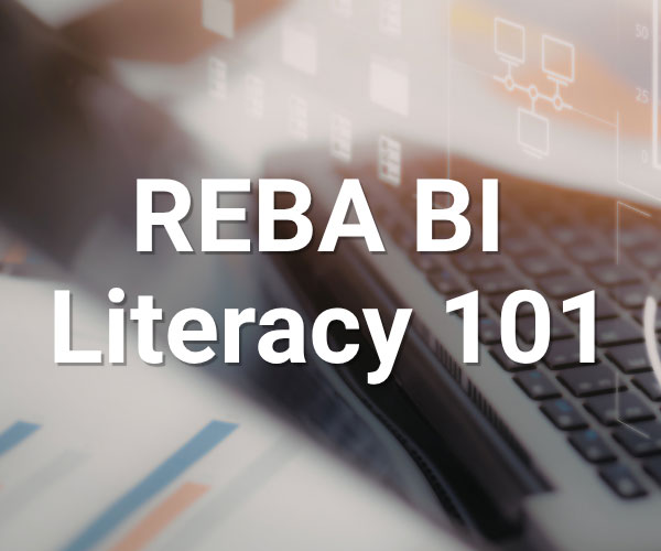 Laptop keyboard with charts and data icons in the background. Overlaid text reads: REBA BI Literacy 101.