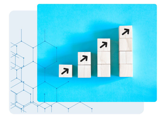 Four wooden blocks are stacked in ascending order from left to right, each with an upward arrow, symbolizing growth and streamlined operations. The background is blue with geometric line patterns on the left.