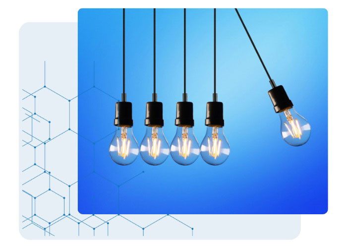 Five suspended light bulbs against a blue background mimic a Newton's cradle, with one bulb swinging outward—an illuminating metaphor for marketing impact. Faint hexagonal patterns appear behind the bulbs.