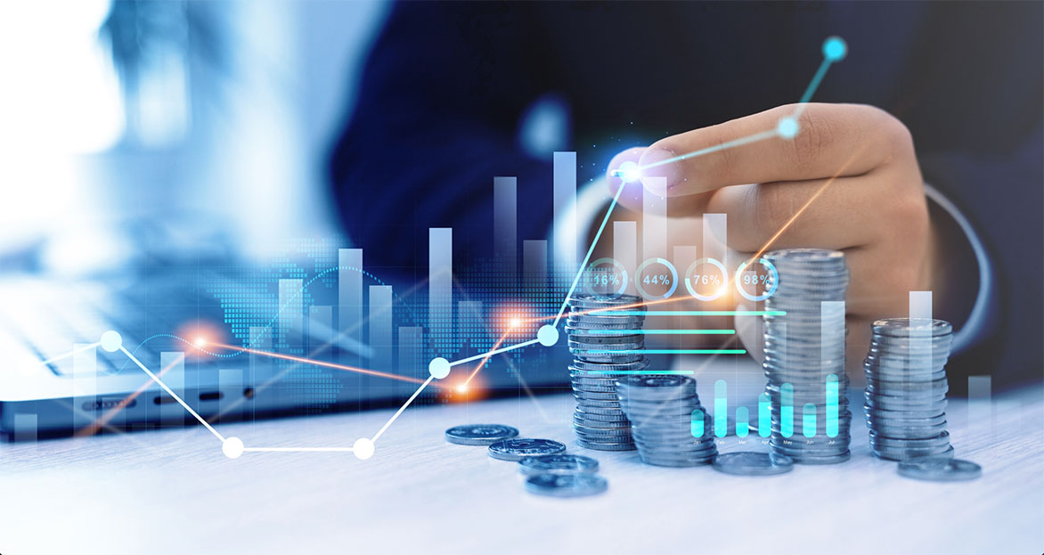 inancial analytics dashboard with investment growth charts, revenue trends, and business performance metrics.