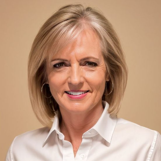 A woman with short blonde hair and hoop earrings smiles at the camera. She is wearing a white collared shirt and poses in front of a plain beige background.