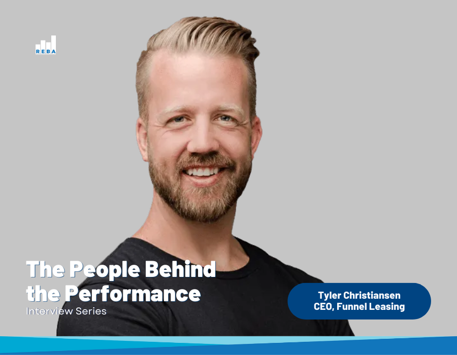 Smiling man with blond hair and beard on a gray background. Text reads: The People Behind the Performance. Interview Series. A label says: Tyler Christiansen, CEO, Funnel Leasing.
