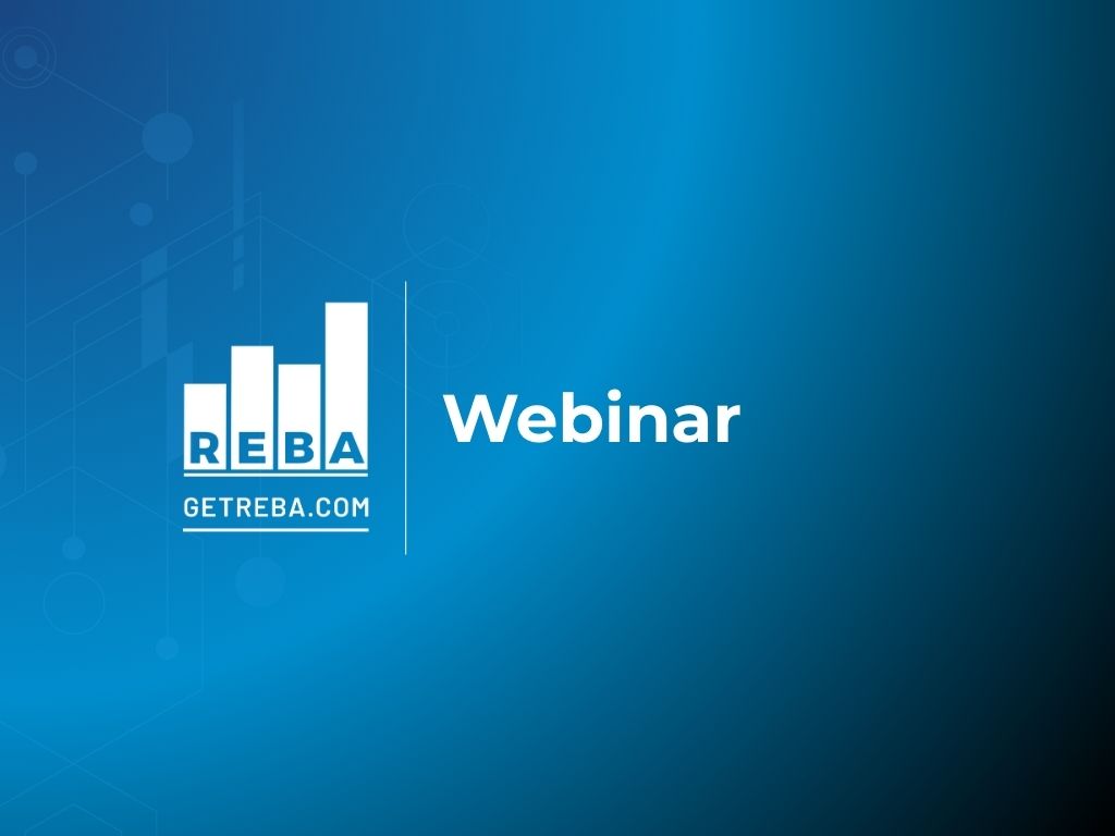 Blue gradient background with the word Webinar next to a white bar chart logo labeled REBA and the URL GETREBA.COM below it. Faint geometric patterns decorate the left side.