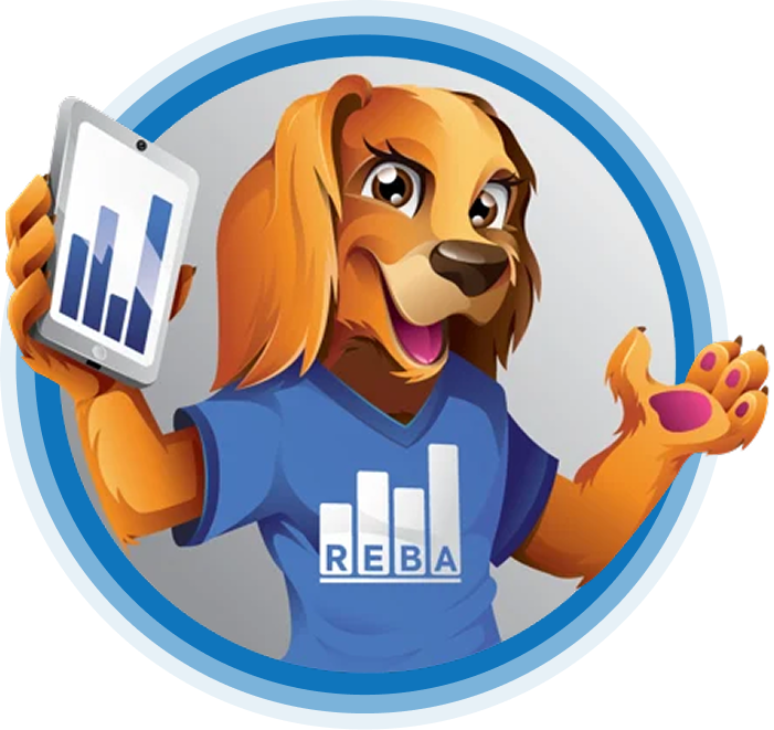 Cartoon dog wearing a blue shirt with a bar chart and REBA logo, holding a tablet displaying similar data and raising its other paw, inside a blue circular border.
