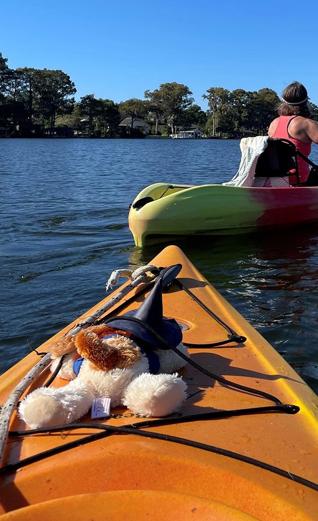 A person kayaks on a lake ahead of an orange kayak with a plush bear in a witch hat resting on its front, collecting peaceful moments like valuable data. Trees and houses line the shore under a clear blue sky.