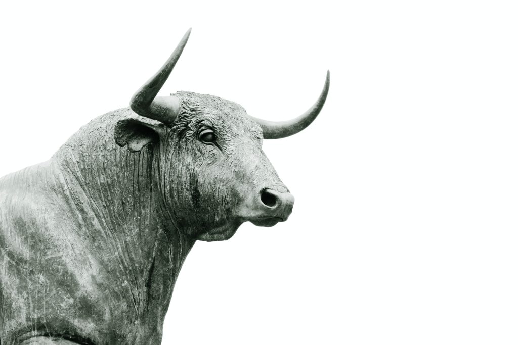 A close-up of a bull statue with large, curved horns set against a plain white background.