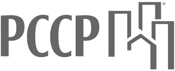 Gray PCCP logo with stylized letters and an outline of buildings, including a house shape integrated into the design to evoke a multifamily focus, all set on a light background.