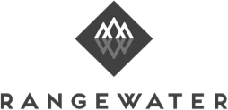 A black and white logo with a diamond containing stylized mountain peaks reflected in water above the word RangeWater in bold, spaced-out letters, representing excellence in multifamily living.