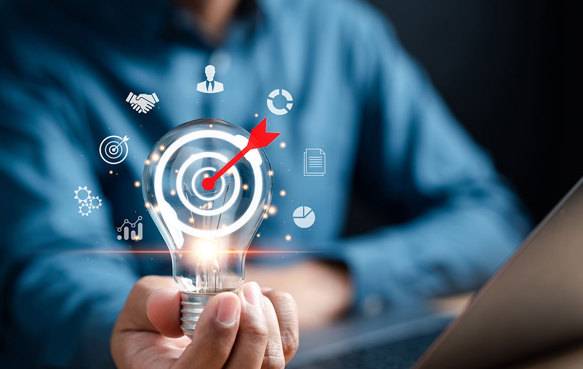 Business professional developing strategic goals with business intelligence, analytics, and performance planning.