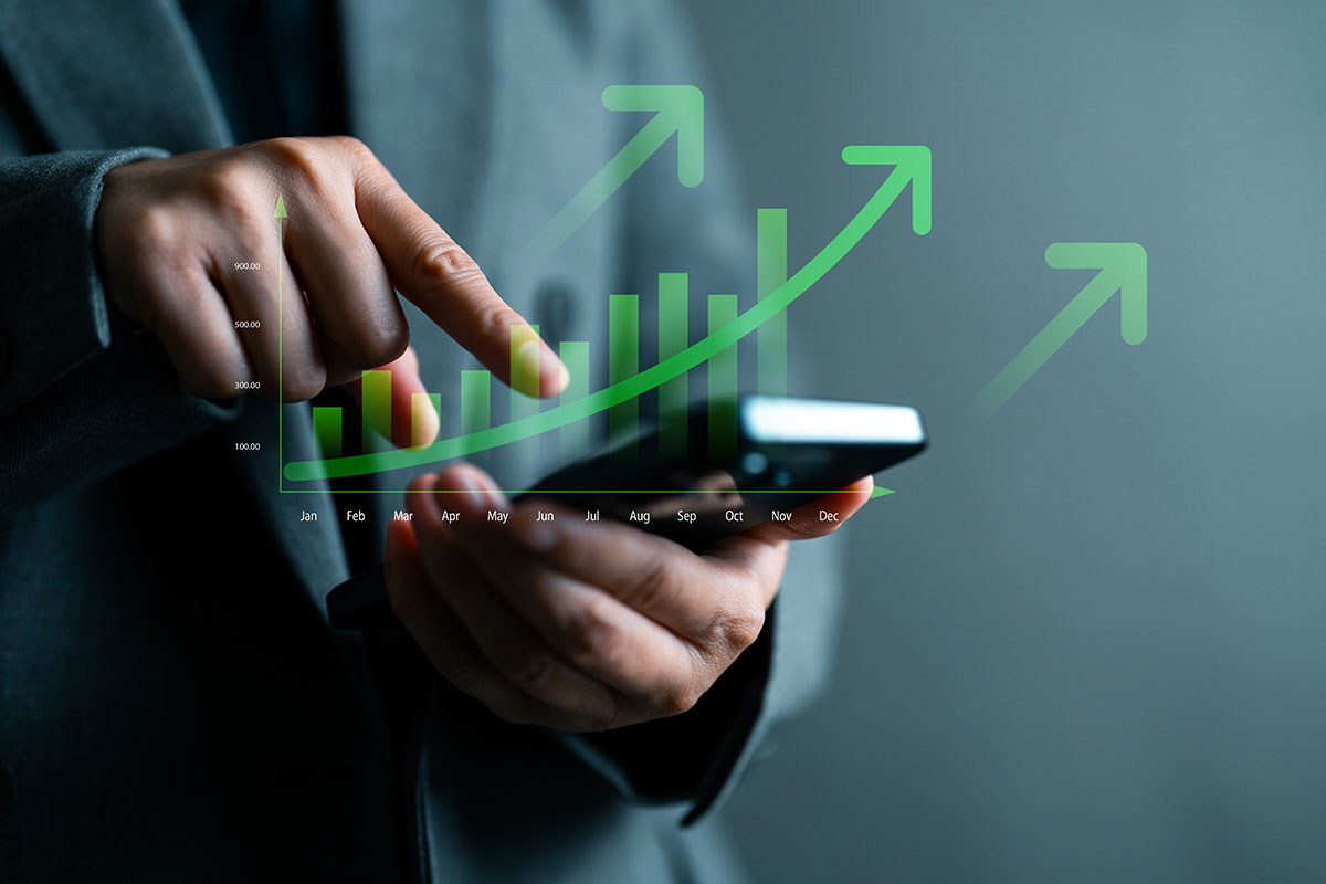 Mobile business analytics showing financial growth, revenue trends, and performance metrics.