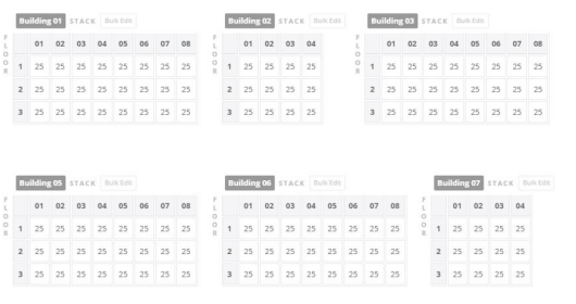 Multifamily property management software showing building stack plans and unit configuration tables.