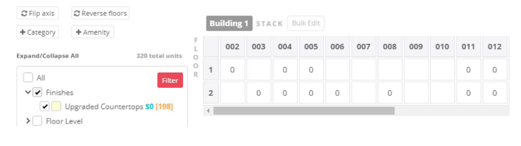 Apartment revenue management dashboard with building stack layouts, amenity filters, and unit pricing controls.