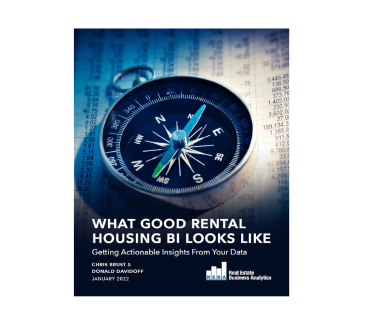 A close-up of a compass on financial documents. Text reads: “What Good Rental Housing BI Looks Like. Getting Actionable Insights From Your Data.” Authors: Chris Brust & Donald Davidoff. Real Estate Business Analytics logo.
